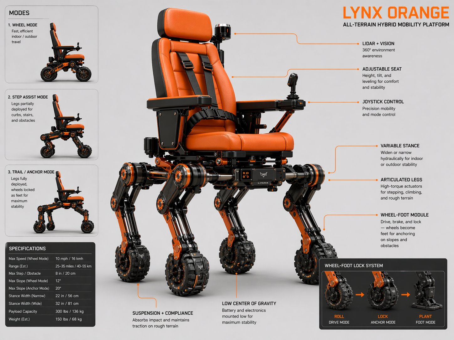 Annotated technical diagram of the PathStrider platform showing wheel-foot lock system, articulated legs, adjustable seat, LiDAR, and joystick control