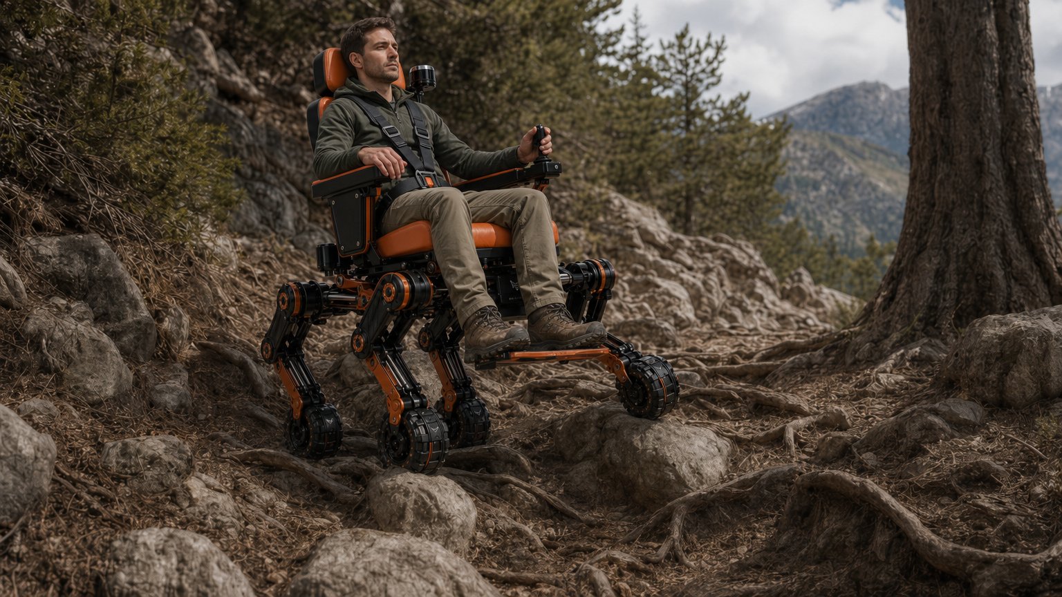 A seated user navigating rough mountain terrain on the PathStrider quadruped mobility platform
